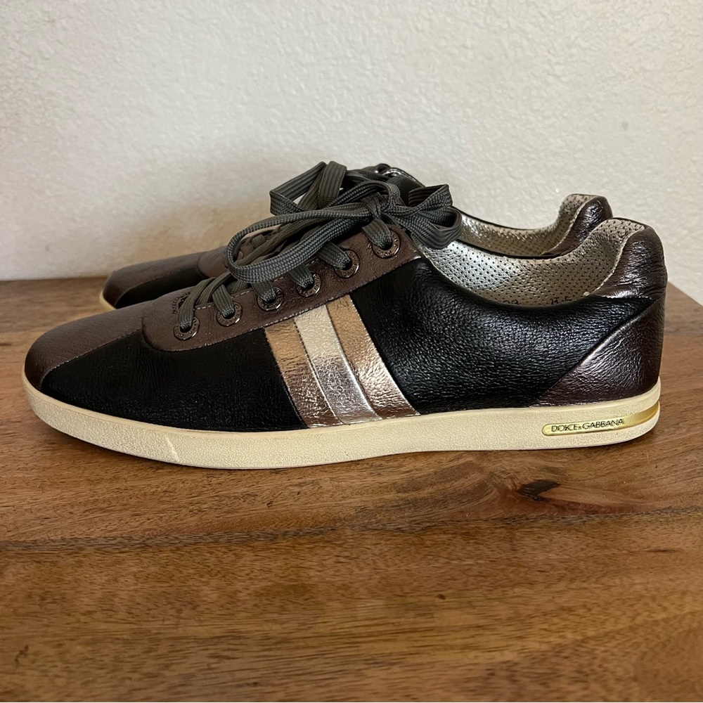 Dolce & Gabbana Metallic Black/Grey Leather Striped Lace Up Sneakers Size 8.5 - Picture 3 of 16